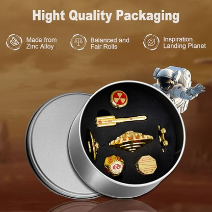 Unique Pioneer Dice Zinc Alloy Metal Dice Set 7pcs DND Dice Mars Planet Theme Polyhedral RPG Dice Set for Dungeons and Dragons Tabletop GamingRocket and UFO Design (Golden) - color: Golden