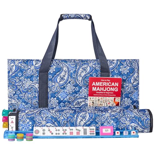 American Mahjong Game Set, 166 Quality White Tiles, 4 All-in-One Color Rack/Pushers, Mahjong Tile Set with Blue Printed Carrying Bag - color: Blue