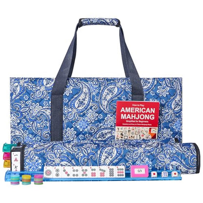 American Mahjong Game Set, 166 Quality White Tiles, 4 All-in-One Color Rack/Pushers, Mahjong Tile Set with Blue Printed Carrying Bag - color: Blue