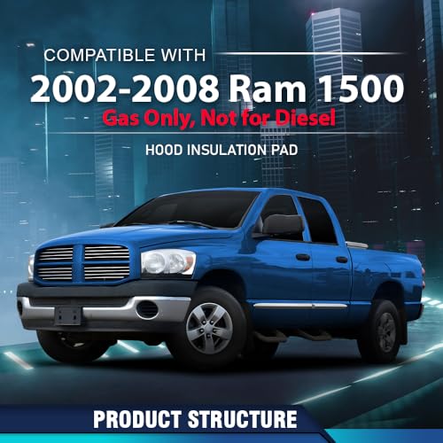 PIT66 Hood Insulation Pad with Clips Compatible with 2002-2008 Dodge Ram 1500 Gas Only, Not for Diesel - style: 2002-2008 Dodge Ram 1500