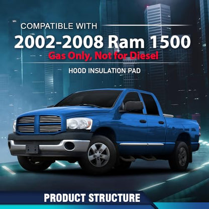 PIT66 Hood Insulation Pad with Clips Compatible with 2002-2008 Dodge Ram 1500 Gas Only, Not for Diesel - style: 2002-2008 Dodge Ram 1500
