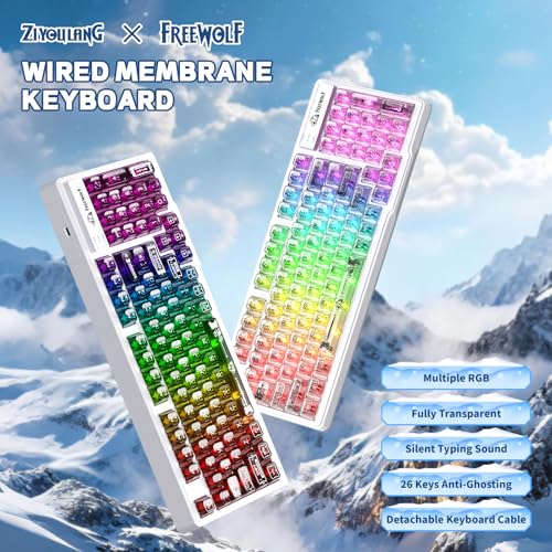 FREEWOLF M95 Transparent Membrane Keyboard with Clear Keycap,Wired Gaming Keyboard with RGB Backlit, 94 Silent Keys with Mechanical Feeling,26-Key Anti-ghosting,for Mac/Windows -Black - color: Black