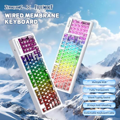 FREEWOLF M95 Transparent Membrane Keyboard with Clear Keycap,Wired Gaming Keyboard with RGB Backlit, 94 Silent Keys with Mechanical Feeling,26-Key Anti-ghosting,for Mac/Windows -Black - color: Black