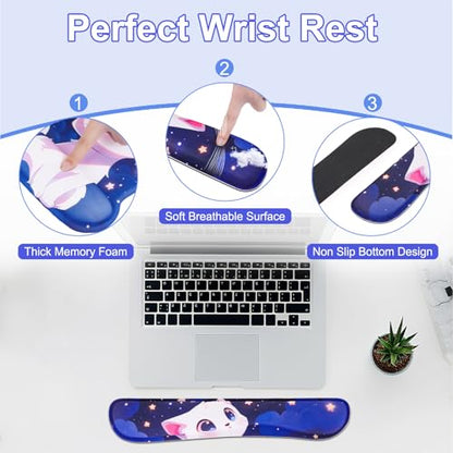 MEGREZ 4-in-1 Mouse Pad with Wrist Rest Ergonomic Memory Foam Desk Mat Set | ergonomic, anti-slip base, 4pcs set, desk pad, mouse wrist rest, keyboard rest, coaster, ideal for office & gaming - color: Blue Purple