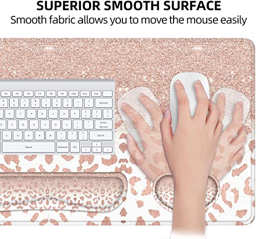 Large Mouse Pad with Wrist Rest, 4-in-1 Wrist Rest for Keyboard and Mouse | Non-Slip Waterproof Desk Mat Set, 35.4"x15.7" Desk Mat+Keyboard Wrist Rest+Mouse Wrist Support+Cup Coaster for Home Office - color: 4Pcs-Rose Gold Leopard