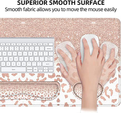 Large Mouse Pad with Wrist Rest, 4-in-1 Wrist Rest for Keyboard and Mouse | Non-Slip Waterproof Desk Mat Set, 35.4"x15.7" Desk Mat+Keyboard Wrist Rest+Mouse Wrist Support+Cup Coaster for Home Office - color: 4Pcs-Rose Gold Leopard
