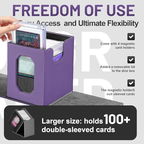 Trading Card Storage Box with Commander Display for MTG, TCG, Sports Cards, 5-in-1 Card Deck Box, Holds 450+ Double-Sleeved Cards, 4 Individual Deck Cases with Covers, Dice Tray & Magnetic Holders - color: Purple & Grey