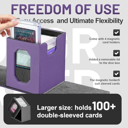 Trading Card Storage Box with Commander Display for MTG, TCG, Sports Cards, 5-in-1 Card Deck Box, Holds 450+ Double-Sleeved Cards, 4 Individual Deck Cases with Covers, Dice Tray & Magnetic Holders - color: Purple & Grey