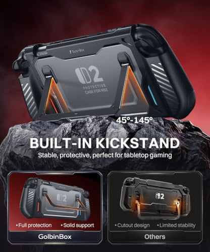 GolbinBox Hard Shell Case for Nintendo Switch 2 with Kickstand, Black | Magnetic split design, aluminum stand, military-grade protection, detachable Joy-Con covers, for travel and commuting - color: Black