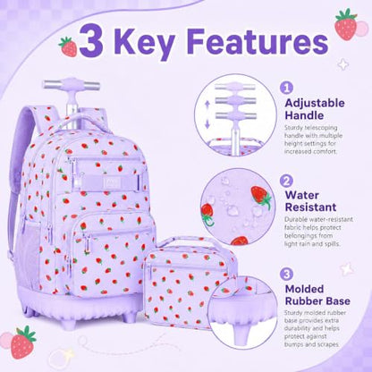3Pcs Rolling Backpack for Girls Women, Travel Roller Backpacks with Wheels for Adults, Teens College Strawberry Wheeled Bookbag with Lunch Box (Purple) - color: Strawberry Purple