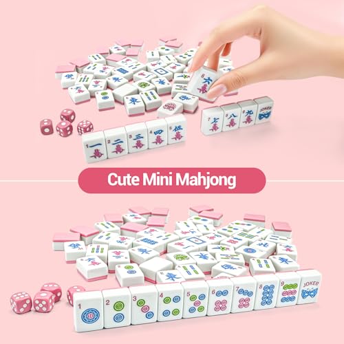 American Mahjong Tile Set, 166 Tiles (1.2”), Cute Mini Mahjong Tiles- Pink | Mahjong Tile Set with Carrying Bag, Dice, Mat, Portable Travel Complete Game Set for Home Outdoor Enthusiast Gift - color: Pink