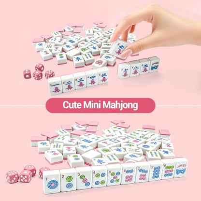 American Mahjong Tile Set, 166 Tiles (1.2”), Cute Mini Mahjong Tiles- Pink | Mahjong Tile Set with Carrying Bag, Dice, Mat, Portable Travel Complete Game Set for Home Outdoor Enthusiast Gift - color: Pink