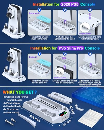 PS5/PS5 Slim/PS5 Pro Stand and Cooling Station with Dual Controller Charging Station for PlayStation 5 Console, PS5 Accessories Incl. Controller Charger, Cooling Fan, Headset Holder, 3 USB Hub, White - color: White
