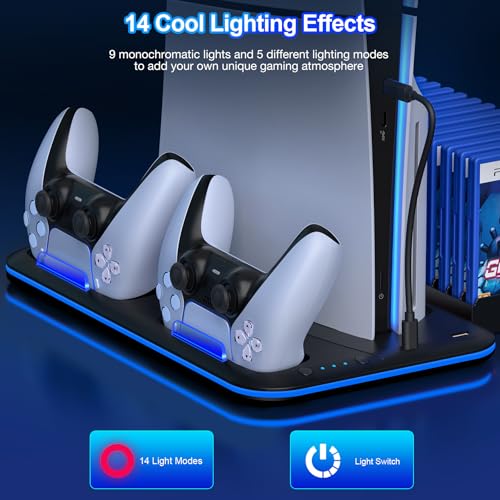 Kawaye PS5/Slim/Pro Stand and Cooling Station for PlayStation 5 Consoles, PS5/Pro/Slim Accessories with 3-Level Cooler Fan, PS5 Controller Charger, Cooling Satnd, Headset Holder, 15 Game Slots, Black