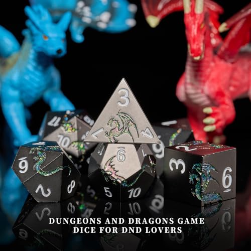 Metal Dice Set,7-Piece Zinc Alloy Dragon DND Dice,Glitter Green | Complete polyhedral dragon dice set with easy-to-read numbers and a magnetic gift box for DND players and collectors. - color: Black With Glitter Green