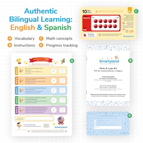 Bilingual Math Toy English Spanish Educational Kit for Preschoolers | STEAM Early Math & Logic Set | Hands-on Addition, Subtraction, Counting, Logic Games, Wooden Boards, Activity Cards