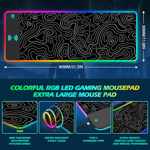 ToLuLu RGB Wireless Charging Gaming Mouse Pad, 7.5/10/15W 10 Light Modes LED Mouse Pad Computer Keyboard Mat Mousepad, 800x300x4MM Extended Large Desk Pad for Gamer, Black and White Abstract Lines - color: Black and white Abstract Lines