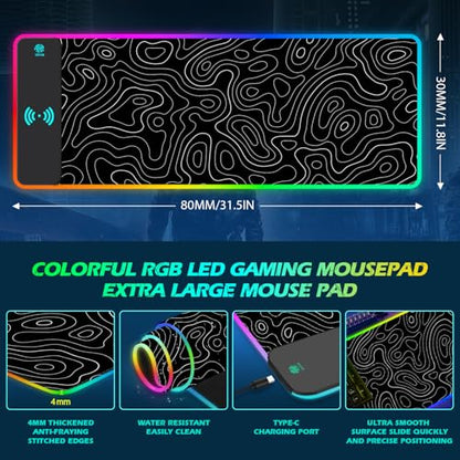 ToLuLu RGB Wireless Charging Gaming Mouse Pad, 7.5/10/15W 10 Light Modes LED Mouse Pad Computer Keyboard Mat Mousepad, 800x300x4MM Extended Large Desk Pad for Gamer, Black and White Abstract Lines - color: Black and white Abstract Lines