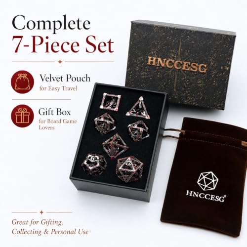 DND Dice Set,3D Octopus Hollow Metal 7-Die,SilverBlood | Lightweight Copper Dice,Easy-To-Read Numbers,engraved numbers,gift box and velvet bag for DND RPG play - color: Bloodstained