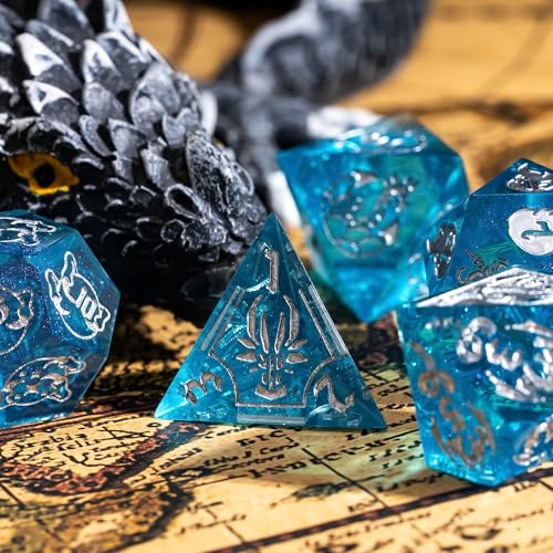 Cusdie 7-Piece Sharp Edges DND Dice Set with Dragon Pattern - Perfect for Tabletop RPGs Board Games Gifting and Collecting(Transparent Blue/Silver Number) - color: Dragon Pattern Tb/S
