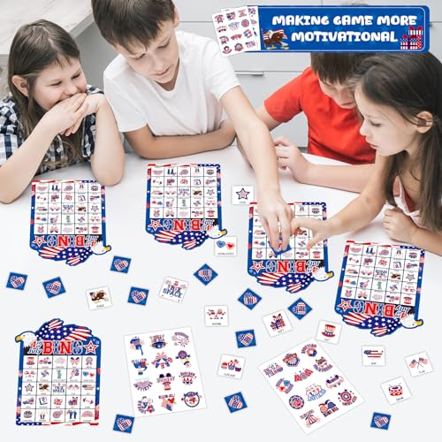 39Pcs 4th of July Bingo Game for Adults Kids 24 Players Eagle Shape Bingo Game Cards with Reward Stickers for Family Friend Student Large Group Activities Independence Day Patriotic Party Favors - style: 4th of July