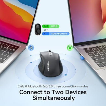 TECKNET Rechargeable Jiggler Wireless Mouse, Dual-Mode Connectivity, Grey | Silent USB A & Bluetooth Mouse, 6 Adjustable DPI, 6 Buttons, Ergonomic Design, Long Battery Life, Multi-Device Compatibility - color: Grey