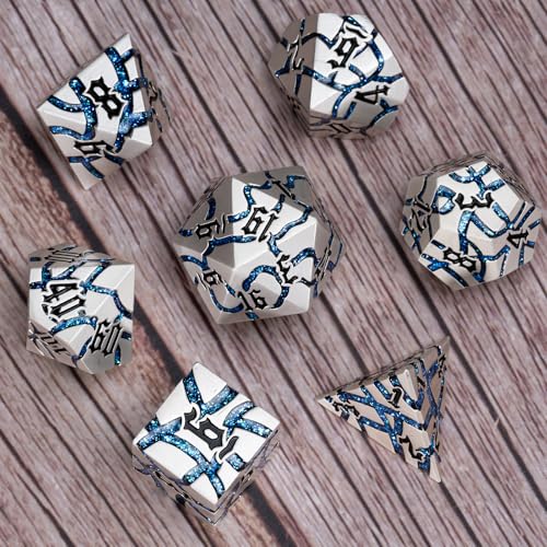 Cracked Rune Metal Dice Set for DND & RPG – Dark Fantasy Fractured Design, Premium Heavy Metal Polyhedral Dice with Deep Engraved Numbers, 7-Piece Set – Blue Arcane Vein - color: Pearl Silver Blue