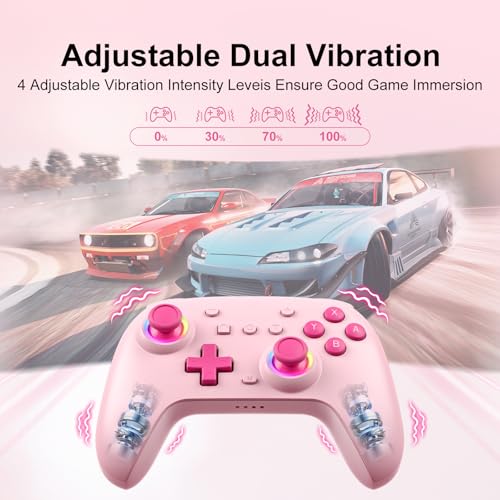 SIMGAL Wireless Controller for Switch/PC, Breathing LED, Pink | Wireless gamepad with 6-axis gyro/dual vibration/ergonomic, Switch Lite/OLED/Steam Deck/PC compatible, bluetooth/wired