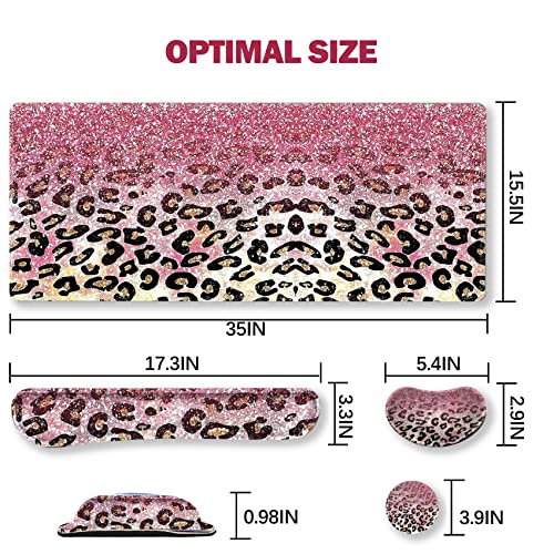 ARTSO Extended Gaming Mouse Pad Set, Keyboard Wrist Rest Support Pad + Wrist Cushion + XXL Large Mouse Pad + Coaster, Stitched Edge, Non-Slip, Memory Foam Desk Mat, Pink Leopard Print - color: Pink Leopard Print