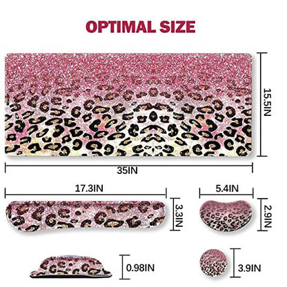 ARTSO Extended Gaming Mouse Pad Set, Keyboard Wrist Rest Support Pad + Wrist Cushion + XXL Large Mouse Pad + Coaster, Stitched Edge, Non-Slip, Memory Foam Desk Mat, Pink Leopard Print - color: Pink Leopard Print
