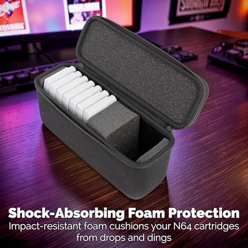CASEMATIX N64 Game Cartridge Storage Case Compatible with 12 Nintendo 64 Game Cartridges, Retro Video Game Organizer with Padded Game Holder, Carry Handle and Zipper Closure for Game Collectors