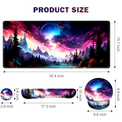 Gaming Mouse Pad, Large Desk Mat, Cute Desk Pad Protector, 4in1 XXL Mousepad + Keyboard Wrist Rest+Mouse Wrist Rest+Coaster Set with Ergonomic Desk Pad for Home Office Table Computer, Purple Hill - color: Purple Hill