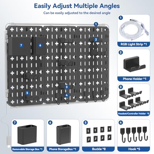 KDD 9 in 1 RGB Gaming Wall Organizer Peg Board - DIY Pegboard Combination Kit with Phone Stand/Pen Holder/Storage Box/Headset & Controller Holder/Hooks for Office & Home Gamer Room Decor Accessories