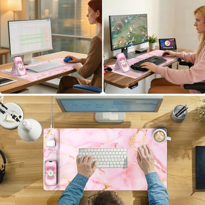 Wireless Charging Mouse Pad with Phone Holder, 31.5"x15.8" in, Pink Marble | Large Desk Mat for Laptop/Keyboard, Waterproof Ultra-Smooth Surface, Non-Slip Base - color: Pink Marble-Phone Holder-31.5"x15.8"