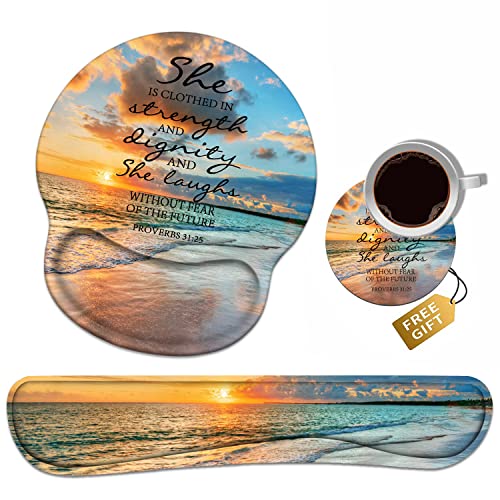 Keyboard Wrist Rest + Mouse Pad Wrist Support Set with Coasters, Non-Slip PU Base Ergonomic Mousepad for Home Office Working Studying Easy Typing & Pain Relief, Bible Verses Proverbs 31:25 - color: Bible Verses Proverbs 31:25