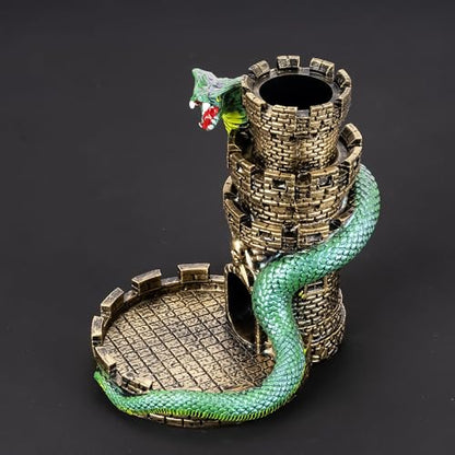 Castle DND Dice Tower Ancient Gold D&D Dice Rolling Tower for RPG | Snake Design, Resin, Dice Roller with Tray, Dungeons and Dragon DM Gift, DND Accessories, for Role Playing Game Tabletop Game - color: Golden