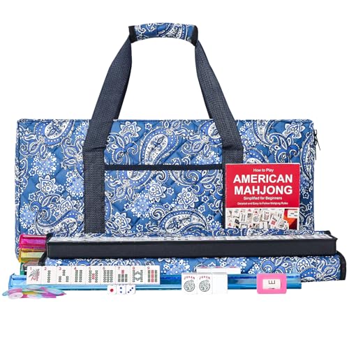 ZGME American Mahjong 세트, 부드러운 가방과 액세서리가 있는 프리미엄 화이트 타일 166개, 푸셔가 있는 올인원 마작 랙 4개, 완벽한 웨스턴 마작, 마작, 마작 세트 - color: 블루.