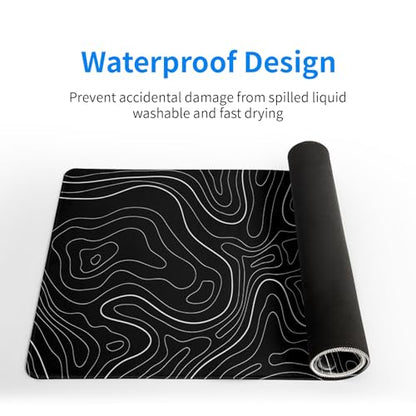 Topographic Contour Black Gaming Mouse Pad XL Geographic Map Lines Extended Big Large Desk Mat Non-Slip Rubber Base Stitched Edge Long Keyboard Mousepad for PC Computer Laptop,31.5x11.8 Inch - color: Black Topographic Contour