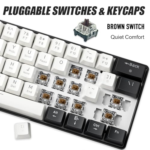abucow 60% Mechanical Gaming Keyboard Brown Switch Wired Compact Keyboard Anti-Ghosting No-Conflict 61 Swappable keycaps Ergonomic Design for Windows/Mac (Black-White) - color: Black-White