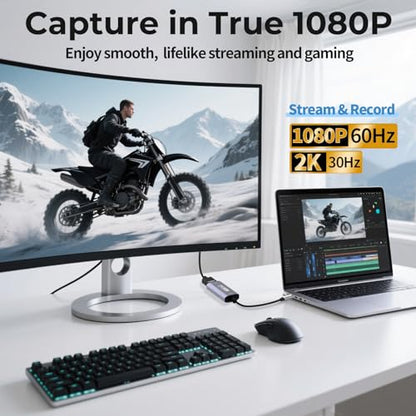 GUERMOK Video Capture Card, USB3.0 HDMI to USB-C Capture Device, 2K@30FPS | Stream & Record Gameplay at 1080P@60FPS, Compatible with Mac OS, Windows, Quest 3, OBS, Zoom, PS5/4, Switch, Xbox (Black) - color: silver black