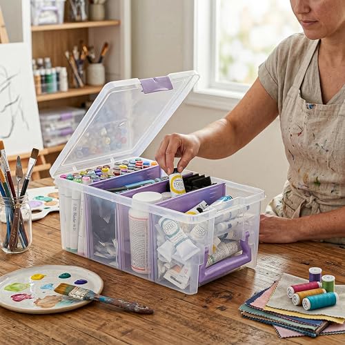 ArtBin Semi Satchel 휴대용 공예 정리함, 칸막이 3개 포함 - 미술 및 공예 용품을 위한 투명 플라스틱 보관 케이스 | 탈착식 칸막이 3개, 39.9 x 20.3 x 16.2cm(15.2 x 8 x 6.2인치), 안전한 걸쇠, 운반 손잡이, 투명하고 내구성 - color: 퍼플., size: Pack of 1