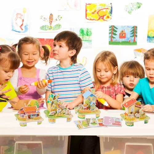 LOMIMOS 3D Cartoon Puzzles for Kids，6 House Building Kit Creative DIY Jigsaw Toys Paper Model for Art Crafts Birthday Party Favor Gifts. - style: House