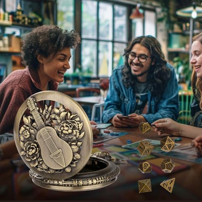 Hollow Bard Pocket Watch Dice Set, Metal Mini Dice, DND Gifts with Dice Bag | Bronze Tiny Dice, DND Stuff for Role Playing Games, DND Starter Set, 7pcs Polyhedral Metal Dice Set for Game Night, Bard Gift - color: Bard Dice Set