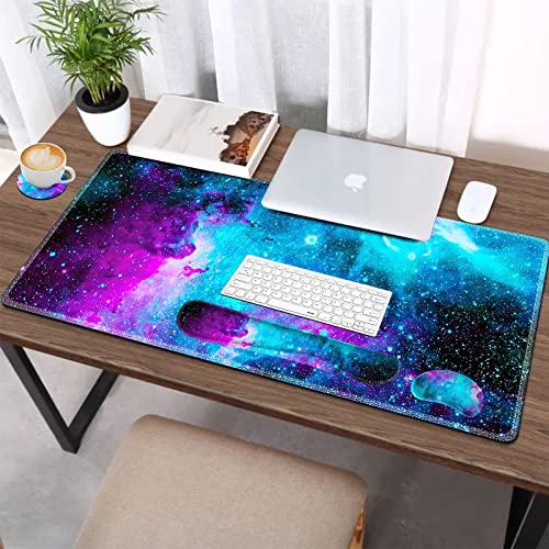 AIMSA Large Gaming Mouse Pad Set, Keyboard Wrist Rest Support Mouse Pad, Ergonomic Memory Foam Multifunctional Extended Desk Mat 35x15.7in Anti-Slip Rubber Base, Galaxy Nebula Universe - color: Galaxy Nebula Universe