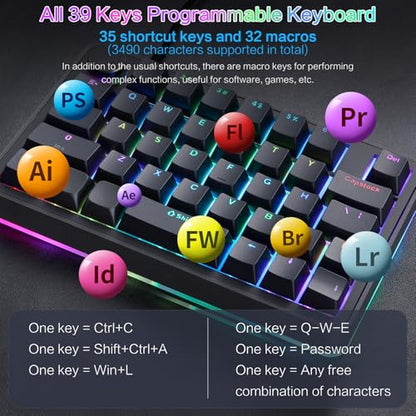 Koolertron Single-Handed Macro Mechanical Keyboard, RGB LED Backlit Portable Mini One-Handed Mechanical Gaming Keypad 39 Fully Programmable Keys (39 Keyboard Black) - style: 39 Keyboard Black