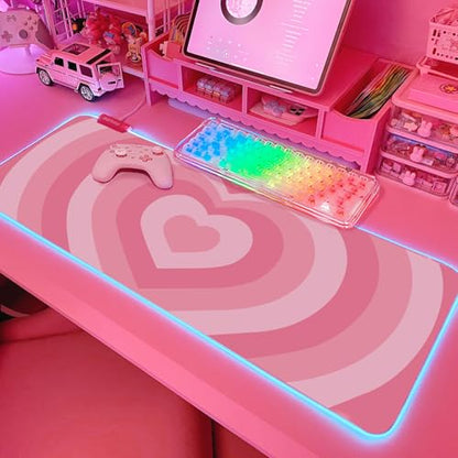 JMIYAV Pink Love Heart RGB Gaming Mouse Pad 31.5x12 Inch Cute Mousepad PC XL Large Extended Glowing Led Light Up Desk Pad Non-Slip Rubber Base Computer Mat Desk Accessories Gaming Setup - color: Loving Heart