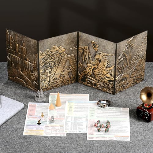 DND Dungeons Master Screen, DNDND Faux Leather 3D Embossed Four-Panel with Pockets for DND Dungeons and Dragon Tabletop Game (Brass) - color: Brass