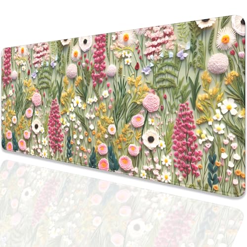 Embroidered Flower Wildflower Embroidery 3D Pattern Mouse Pad Desk Pad,Stitched Edges Non-Slip Waterproof Rubber Base Mous Mat for Office,Computer,Keyboard,Laptop and Home Desk Pad(27.5X11.8 in) - color: Embroidered Flower