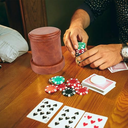 Brown PU Leather Dice Cup with Lid, Velvet Interior Quiet Dice Shaker Cup with 6 Dice for Liars Dice/Farkle/Yahtzee Games, 1 Pack - color: Brown