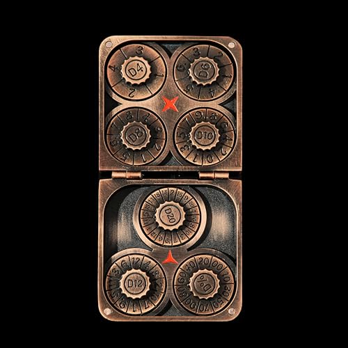 7 in 1 Spinner Metal DND Dice Set subitable for Dungeons & Dragons –Hand-Carved Dragon Design in Magnetic Iron Box （Copper） - color: Openable-copper